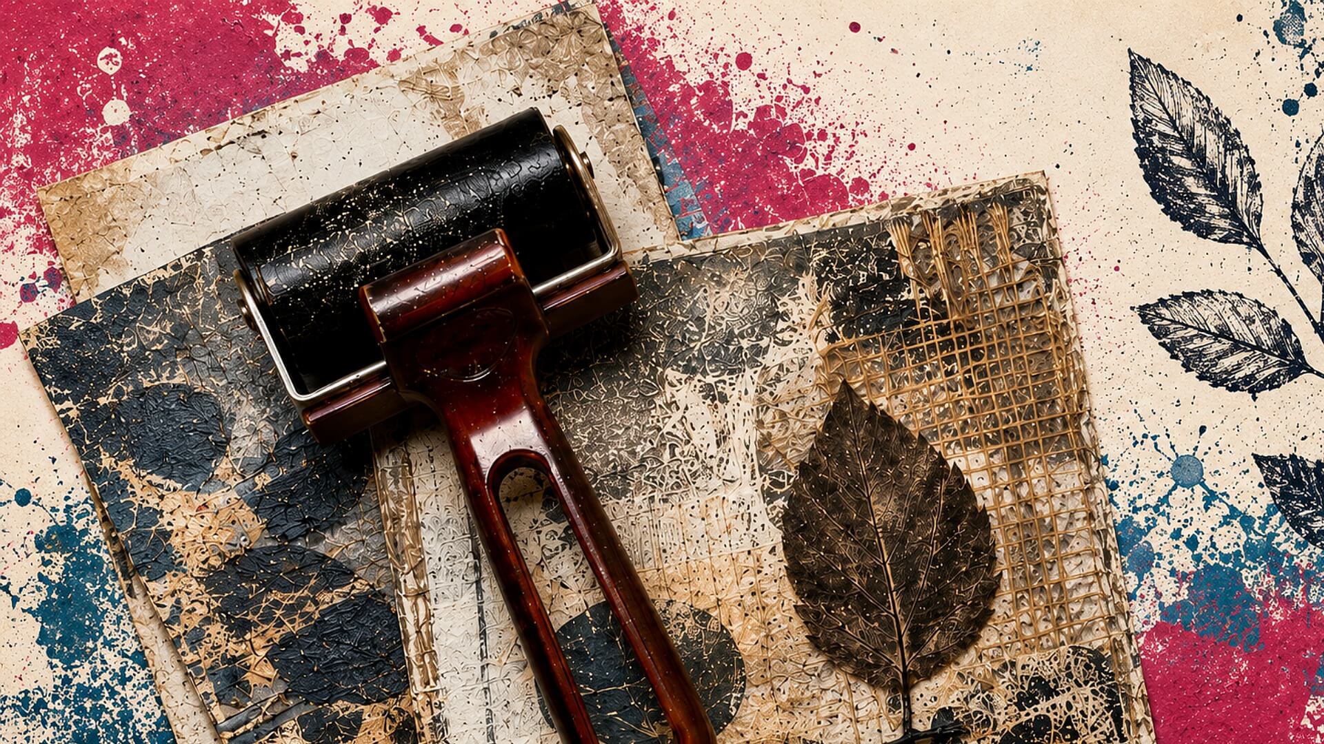 Centred brayer roller on textured collagraph plates with leaf prints and ink splashes.