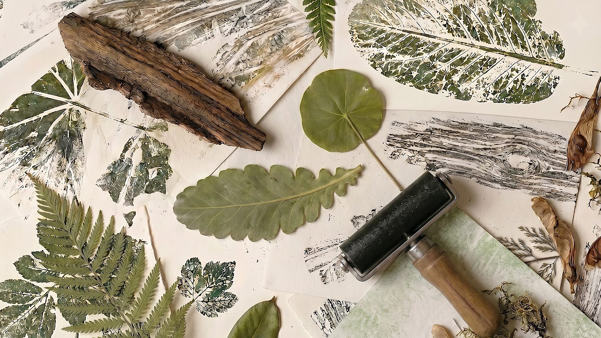 An ink brayer roller surrounded by fresh foliage, bark, and finished botanical prints.
