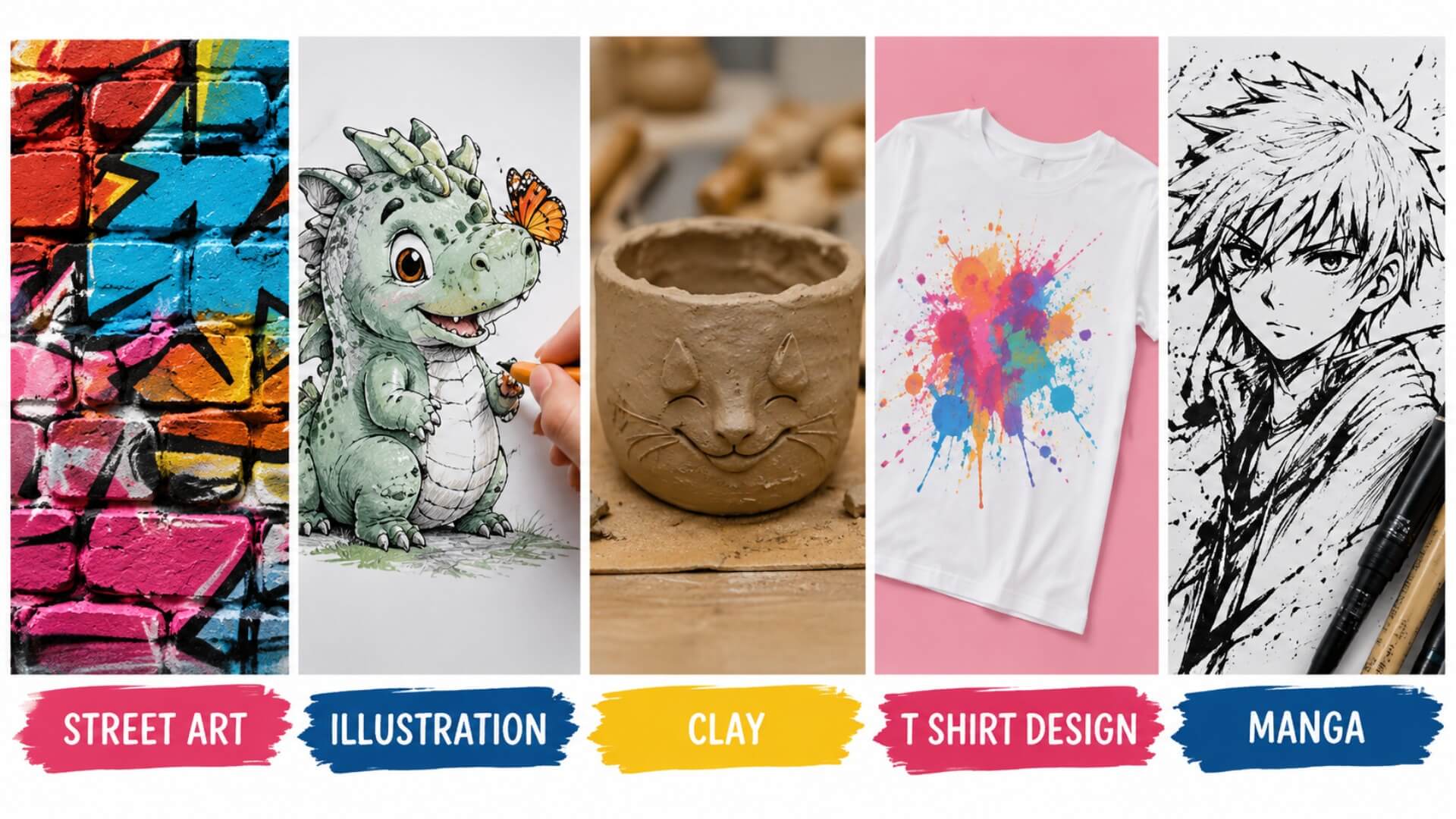 Five colourful vertical panels showing examples of street art, illustration, clay, T-shirt design and manga, each with a bold painted label underneath.