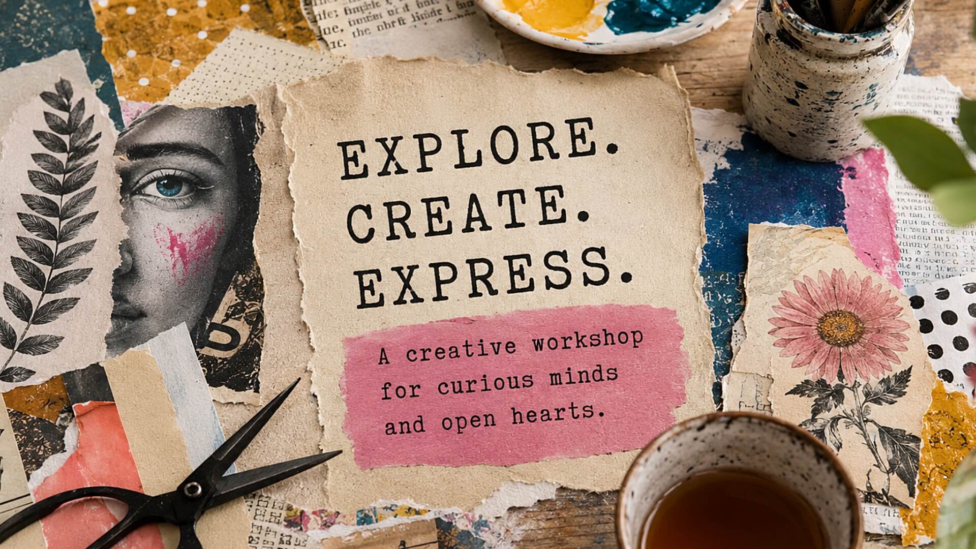 A textured scrapbook collage on a wooden surface. In the centre, a torn piece of paper reads 'EXPLORE. CREATE. EXPRESS.' in a typewriter font, with a pink scrap below stating 'A creative workshop for curious minds and open hearts.' The background includes a black and white portrait of a woman, scissors, paintbrushes in a jar, a paint palette, and floral illustrations.