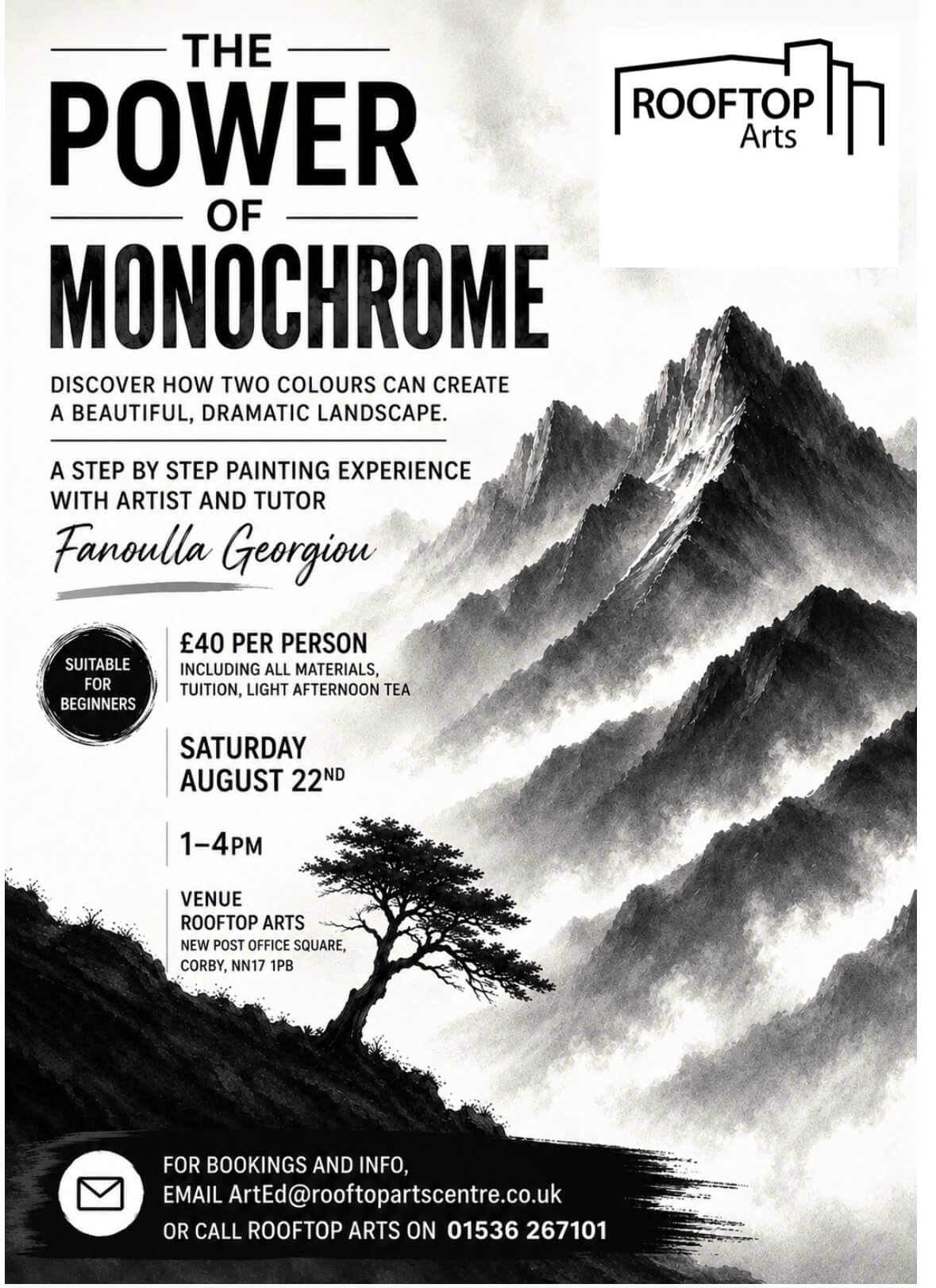 Poster advertising a monochrome landscape painting workshop. The design features a dramatic, highly contrasted black and white watercolour illustration of misty mountains and a lone tree.