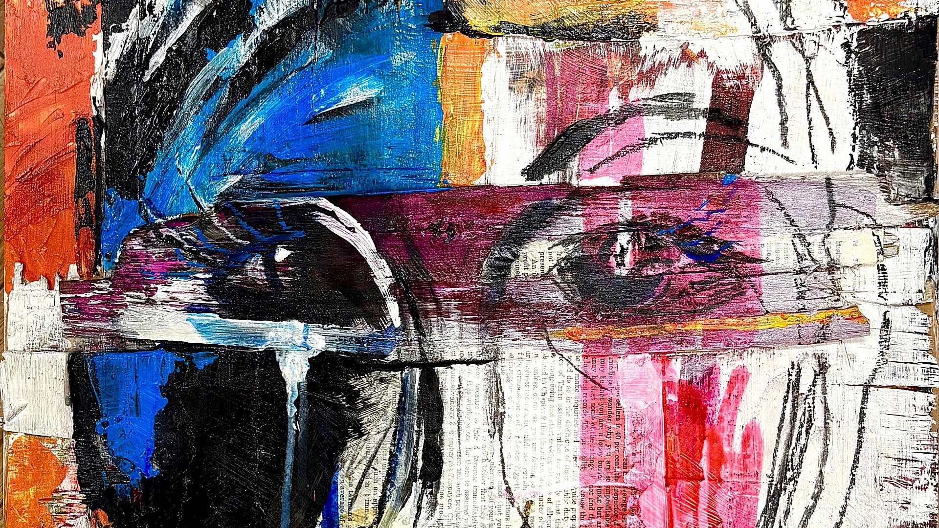 Close-up of an expressive contemporary portrait painting, featuring bold, layered brushstrokes in vibrant colours like blue, red, and white, focusing intensely on the texture and emotion of the subject's eye.