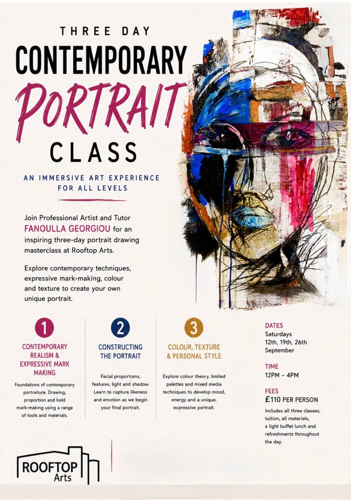 Promotional poster for a Three Day Contemporary Portrait Class by Fanoulla Georgiou. The design is vibrant and expressive, advertising an immersive art experience focused on portraiture techniques across three days.