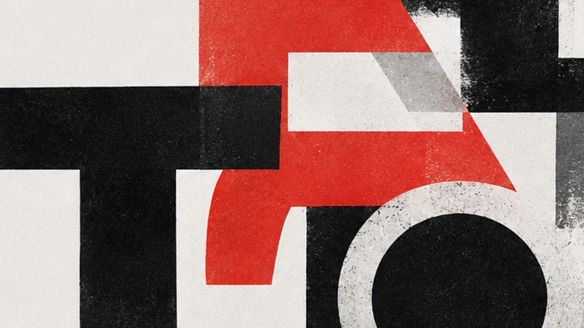 A bold, abstract geometric composition featuring strong contrasts between black, white, and vibrant red shapes. The artwork utilizes sharp lines and block colours to create a modern, graphic aesthetic.