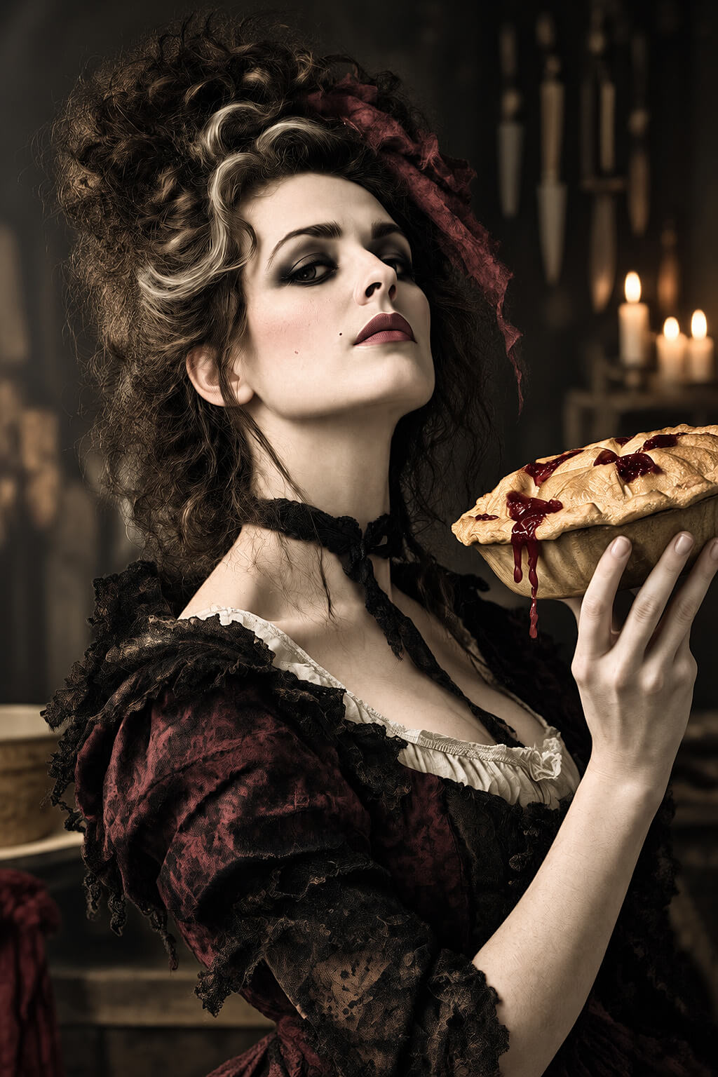 A high-contrast, dark-toned portrait photograph featuring a richly dressed subject. The image uses dramatic chiaroscuro lighting to highlight the textures of her hair and gown against a shadowy, candlelit background
